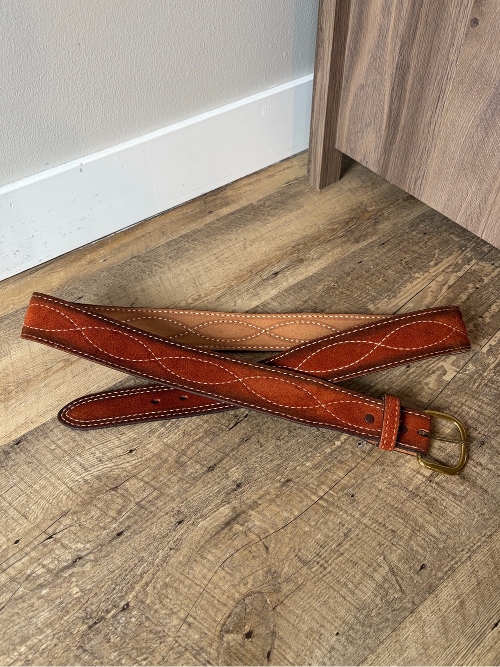 PIONEER Men’s Cowhide Leather Suede Lined Figure 8 Stitch Detail Belt Size 44